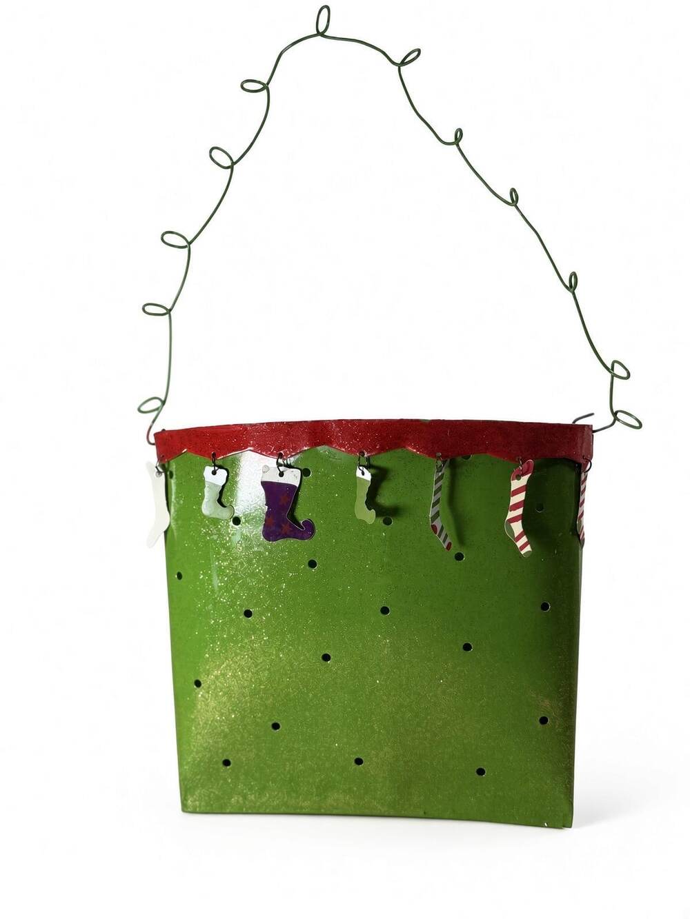Vintage Green Glitter Metal Christmas Stocking Luminary Pail